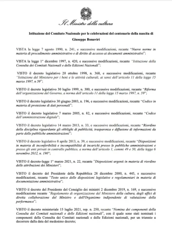 Decreto 19 Istituzione del Comitato Nazionale per le celebrazioni del centenario della nascita di Giuseppe Bonaviri