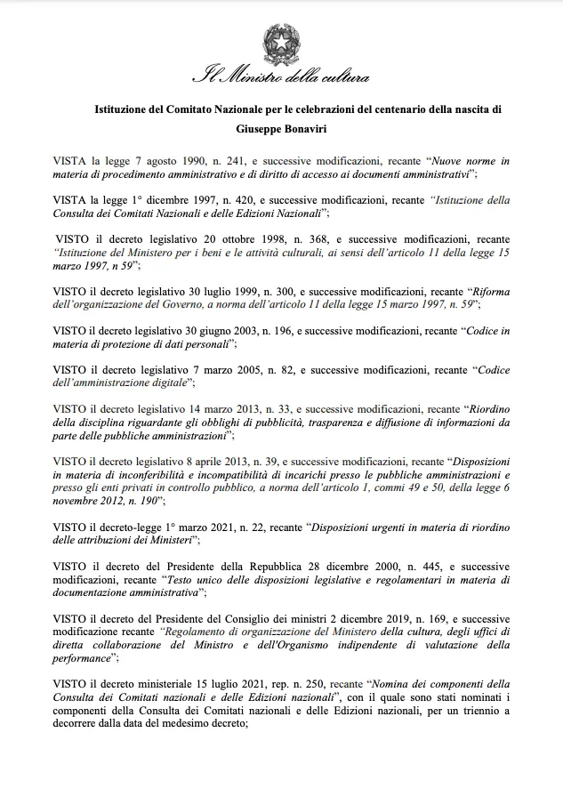 Decreto 19 Istituzione del Comitato Nazionale per le celebrazioni del centenario della nascita di Giuseppe Bonaviri