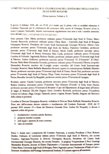 Verbale riunione 8 febbraio 2024 del Comitato Nazionale per le celebrazioni del centenario della nascita di Giuseppe Bonaviri