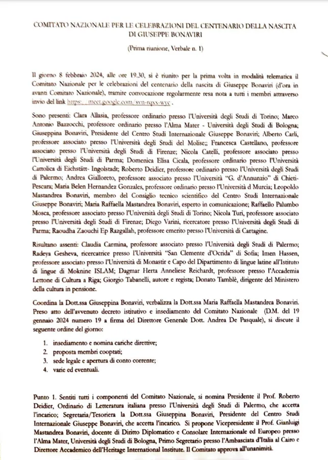 Verbale riunione 8 febbraio 2024 del Comitato Nazionale per le celebrazioni del centenario della nascita di Giuseppe Bonaviri