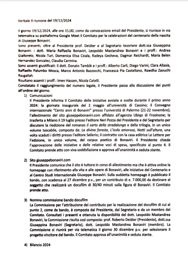 Verbale riunione 19 dicembre 2024 del Comitato Nazionale per le celebrazioni del centenario della nascita di Giuseppe Bonaviri