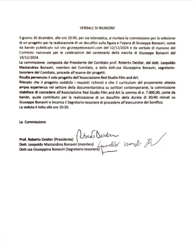 Verbale riunione 30 dicembre 2024 del Comitato Nazionale per le celebrazioni del centenario della nascita di Giuseppe Bonaviri