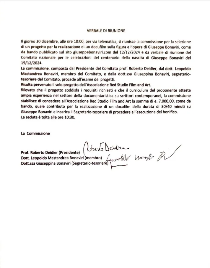 Verbale riunione 30 dicembre 2024 del Comitato Nazionale per le celebrazioni del centenario della nascita di Giuseppe Bonaviri